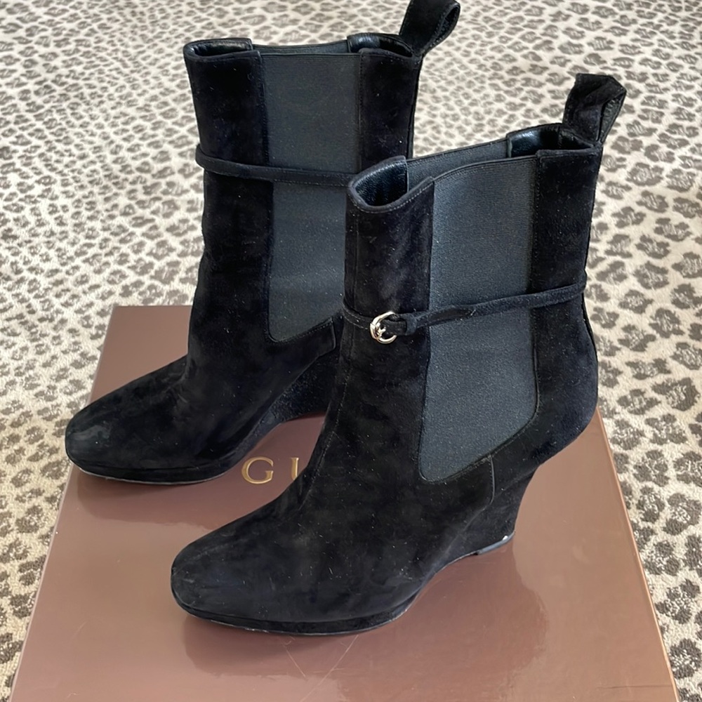 Gucci Black Suede Wedge Boots Size 6